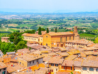 Panoramic view of Tuscan town and landscape from tower of San Gimignano, Tuscany, Italy