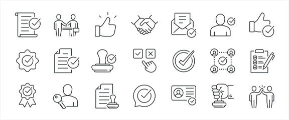 Fototapeta na wymiar Approval simple minimal thin line icons. Related accept, certified, agreement, validation. Editable stroke. Vector illustration.