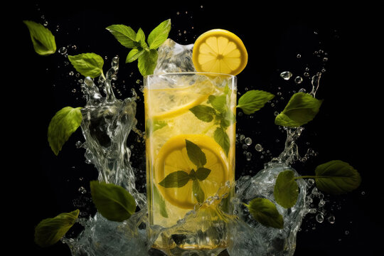 Refreshing Lemon Mint Cocktail Splash on Black