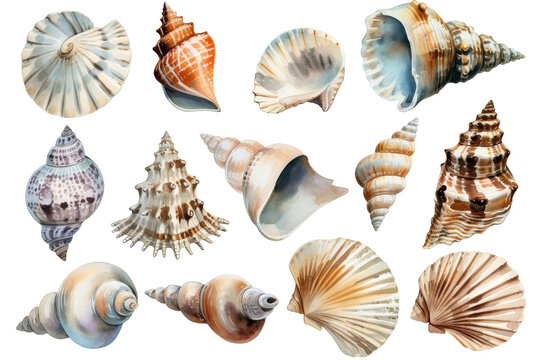 Watercolor set of different seashells isolated transparent background. PNG Format.