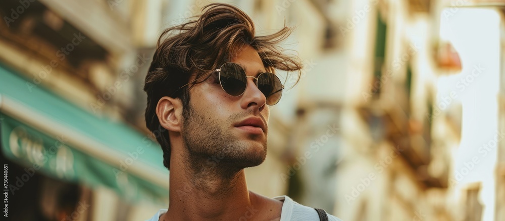 Canvas Prints Attractive young man wearing fashionable sunglasses captured outside.