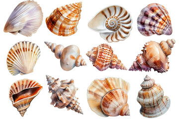 Watercolor set of different seashells isolated transparent background. PNG Format.