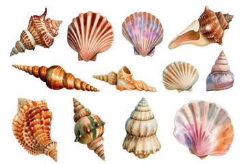 Obraz premium Watercolor set of different seashells isolated transparent background. PNG Format.