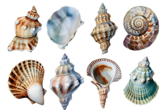 Watercolor set of different seashells isolated transparent background. PNG Format.