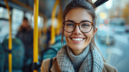 Portrait of a happy business woman traveling by bus taking public transportation to reduce air pollution , businessman going to work by bus - obrazy, fototapety, plakaty