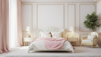 White luxury bedroom interior, wall mockup, 