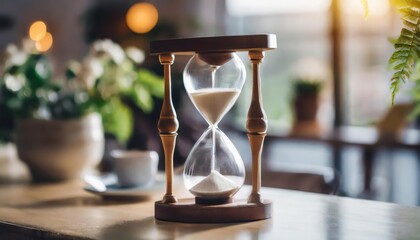 High-quality modern hourglass as time passing concept. Life time passing. blurry background