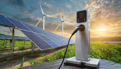 Using of charge station, solar panel and windmill background. Sustainability assessment, renewable energy concept.