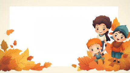 Fototapeta premium Greeting card template with autumn theme, children's illustrations, with blank copy space for text. 