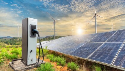Using of charge station, solar panel and windmill background. Sustainability assessment, renewable energy concept.