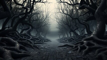 A Dark Forest With a Brick Path Leading Into It