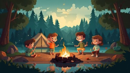 Cartoon illustration of children camping at a riverside campground. - obrazy, fototapety, plakaty