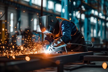 Industrial Welder With Torch and Protective Helmet welding metal in a factory