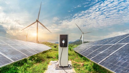 Using of charge station, solar panel and windmill background. Sustainability assessment, renewable energy concept.