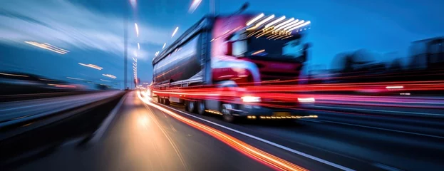 Zelfklevend Fotobehang Truck driving on highway at night, car headlight light trail speed motion blur,futuristic logistic transportation background © FryArt Studio