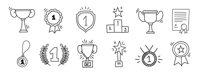 Doodle gold medal and champion trophy cup. Hand drawn award decorative icons. Vector illustrations isolated on white background. - obrazy, fototapety, plakaty