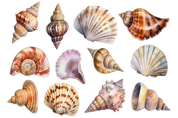 Watercolor set of different seashells isolated transparent background. PNG Format.