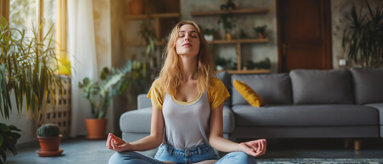Fototapeta premium Girl meditates at home.
