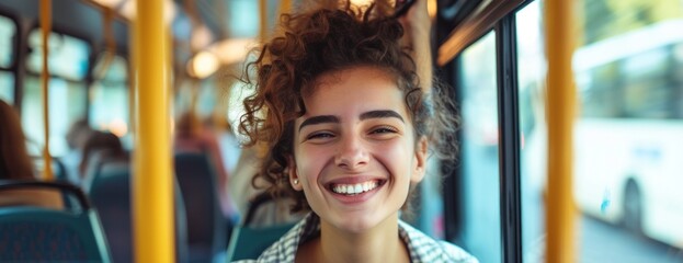 Smiling Woman With Curly Hair on Bus