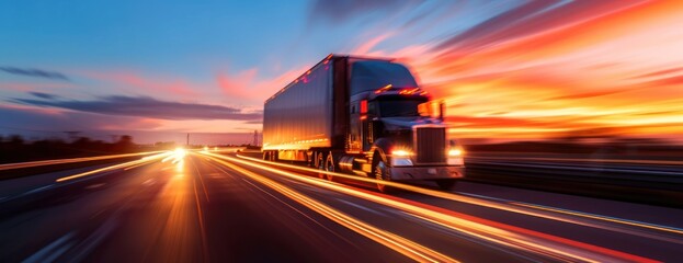 Semi Truck Driving on Highway at Sunset
