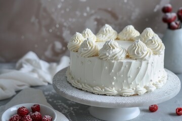 Cake With White Frosting and Raspberries on a Plate