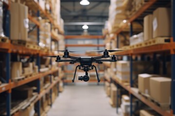 Spacious Room Filled With Shelves and Boxes Show drones flying over aisles in a warehouse