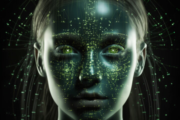 portrait of a girl with holography pattern on her face and lights on a dark background, cybernetics, science fiction concept and cyber art