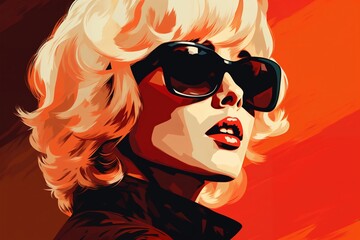 Portrait of a beautiful fashionable woman with a hairstyle and sunglasses, on a red color background. Illustrative poster in style of the 1960s