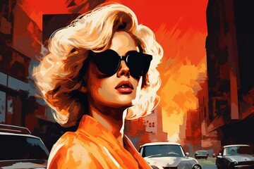 Portrait of a beautiful fashionable woman with a hairstyle and sunglasses, in a city street. Bright day. Illustration poster in the style of 1960