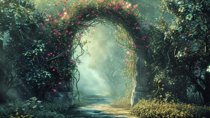 Enchanted garden archway with blooming roses. Fantasy and nature.