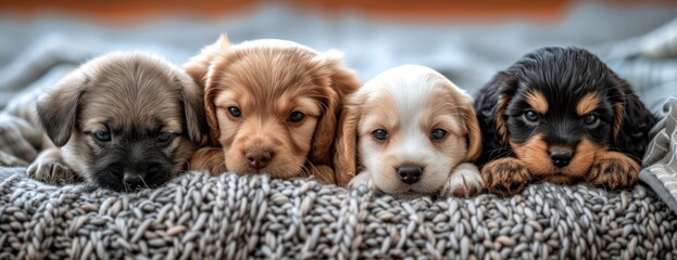Group of Puppies Resting on Blanket