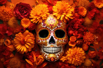 Decorative Sugar Skull Amidst Marigolds for Dia de los Muertos