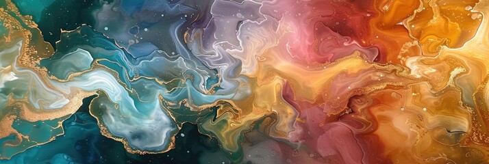 Currents of translucent hues, snaking metallic swirls. Natural luxury abstract fluid art painting in alcohol ink technique - obrazy, fototapety, plakaty