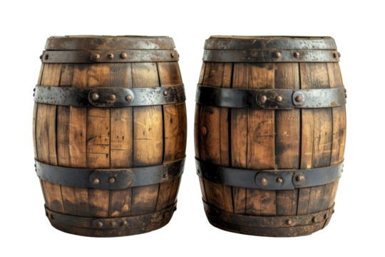 Wooden Barrels isolated transparent background. PNG Format.