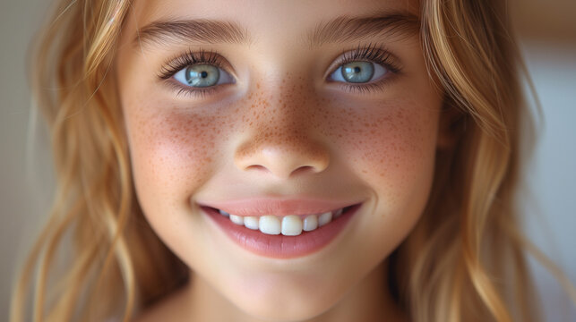 A close-up image capturing the facial features of a cheerful young girl with freckles including her nose, hair, smile, lips, eyebrows, eyelashes, and teeth.