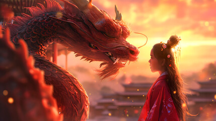 Niña mirando a un dragón chino como símbolo de la suerte en al cultura china - obrazy, fototapety, plakaty