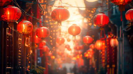 Vista de un barrio chino de noche con farolillos rojos y multiples luces