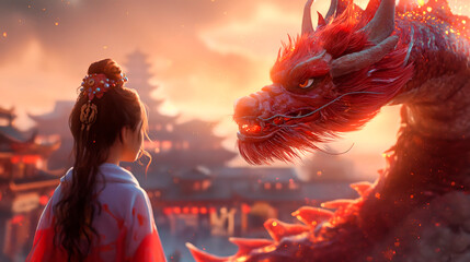 Niña mirando a un dragón chino como símbolo de la suerte en al cultura china - obrazy, fototapety, plakaty