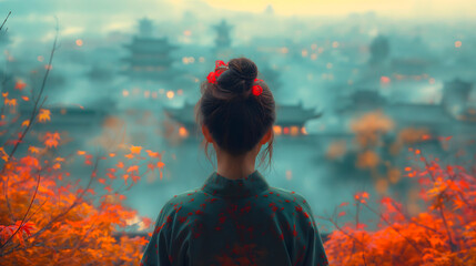 Mujer china mirando al horizonte donde se puede ver nua ciudad china de forma borrosa - obrazy, fototapety, plakaty