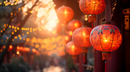 Vista de un barrio chino de noche con farolillos rojos y multiples luces