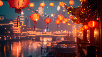 Vista de un barrio chino de noche con farolillos rojos y multiples luces - obrazy, fototapety, plakaty