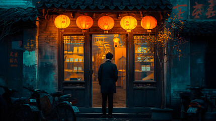 Vista de un hombre frente a una tienda del  barrio chino de noche con farolillos rojos y multiples luces