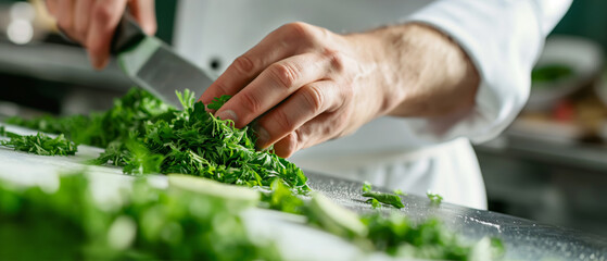 The cook cuts green grass.