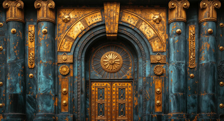 Ornate Bronze Door with Decorative Gold Medallions