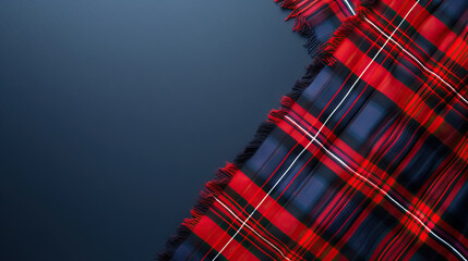 Top view flat lay bright red scottish checked fabric in the corner on navy blue background with copy space for national tartan day - AI Generated Abstract Art 