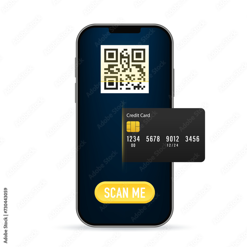 Poster scanning the qr code through a smartphone at the stand. qr code verification technology concept. for
