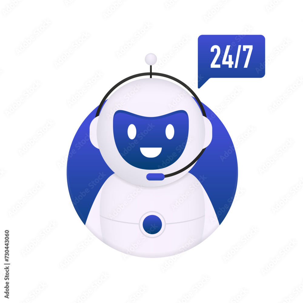 Poster 24-7 chatbot support. cute bot with speech bubble sign. chatbot logo design. bot for online consulta