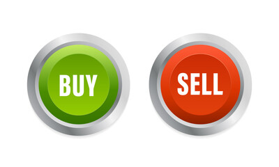 Buy Sell button Red Green isolated on white background 3d. Forex market. Stock Market or Cryptocurrency Trading Button Icon Set. Trading strategy. Vector illustration