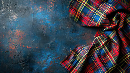 Top view flat lay red tartan fabric in the corner on vintage grunge blue background with copy space for national tartan day - AI Generated Abstract Art