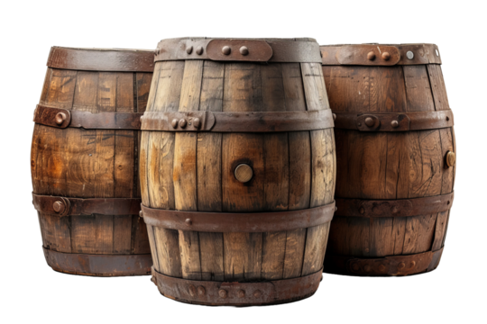 Wooden Barrels isolated transparent background. PNG Format.